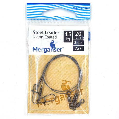 Поводок Merganser стальной, 7x7 нейлоновое покрытие, 15 кг, 20 см, 2 шт