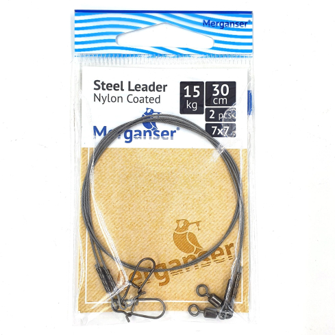 Поводок Merganser стальной, 7x7 нейлоновое покрытие, 15 кг, 30 см, 2 шт