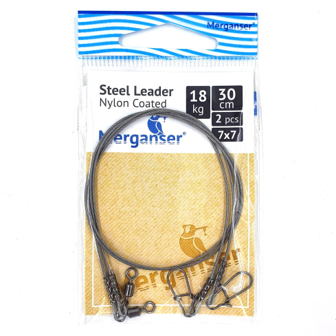 Поводок Merganser стальной, 7x7 нейлоновое покрытие, 18 кг, 30 см, 2 шт