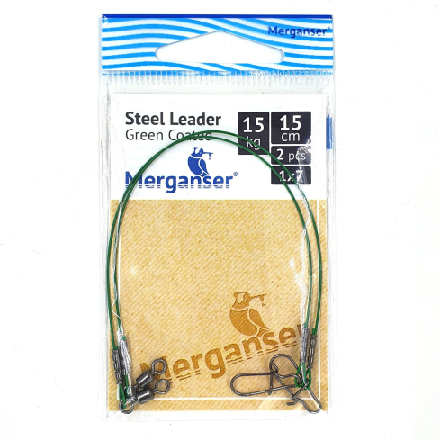 Поводок Merganser стальной, 1x7 с зелёным покрытием, 15 кг, 15 см, 2 шт
